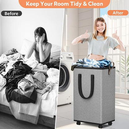Laundry Basket with Wheels, Collapsible Laundry Baskets, Laundry Hamper with Handles Detachable Wheels, Rolling Laundry Basket, Dirty Clothes Hamper for Bathroom, Dorm, Bedroom, Grey, 100L