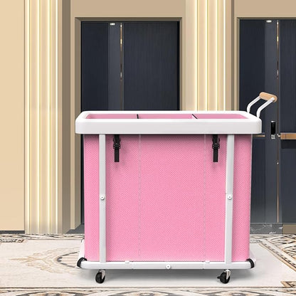 230L (60 Gal) Extra Large Fashion Laundry Sorter 3 Section with Lid, Rolling Laundry Basket Hamper with Handle, Laundry Organizer Storage Cart with Sturdy Metal Frame for Laundry Room,Hotel,Pink