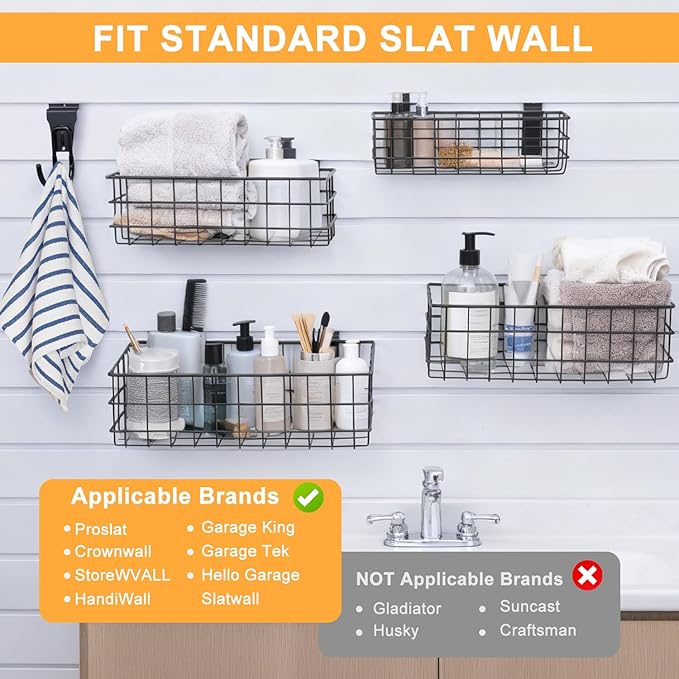 12Pack Slatwall Organizer Kit with 4PCs Slatwall Baskets (10.5 to 13.5 inches), and 8PCs Slat Wall Hooks Heavy Duty, Slatwall Accessory for Garage, Retail Display and Home Storage