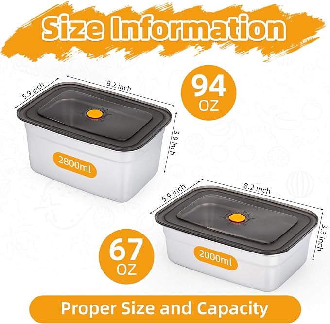 2 PCS Stainless Steel Food Storage Containers With Lids(94oz+67oz), Leak Proof & Airtight | Stainless steel freezer Containers,For Meal Prep,Fruit,Freezer