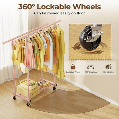 Double Rods Clothes Rack, Sturdy Rolling Clothing Rack, Portable Clothing Racks for Hanging Clothes - Metal Garment Rack Wardrobe Coat Rack for Bedroom Laundry Living Room, Pink