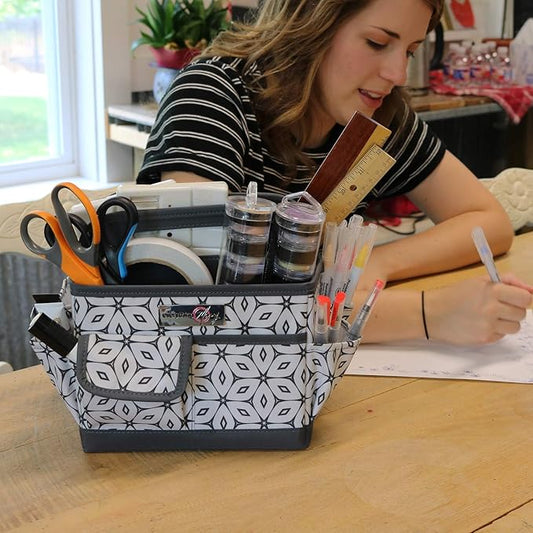 Everything Mary Desktop Tote Organizer – Grey Geometric Craft Caddy – Portable Storage Bag for Sewing, Scrapbooking, Art Supplies & DIY Craft Organization