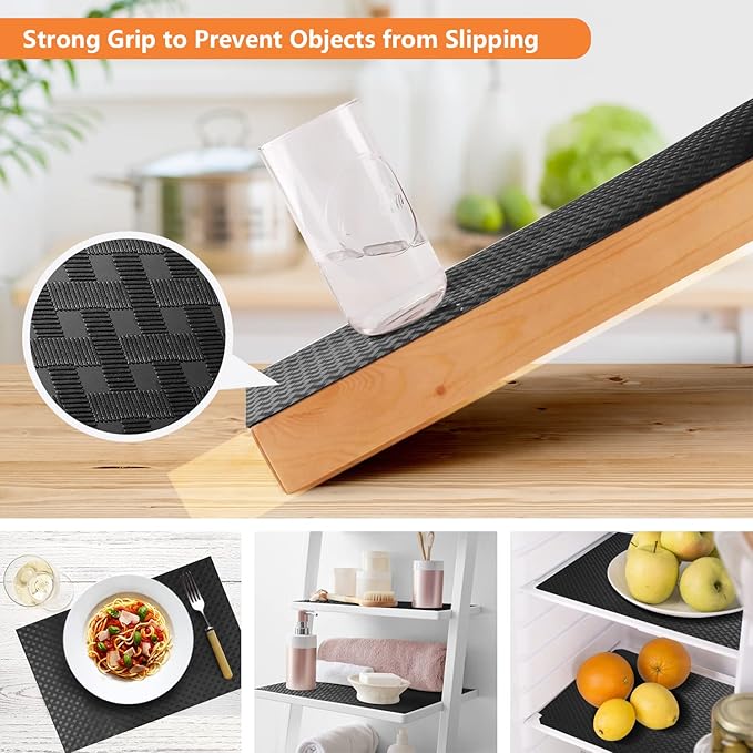 Shelf Liners for Kitchen Cabinets Refrigerator Liners Waterproof & Oil-Proof Kitchen Cupboard Liner Non-Slip Drawer Mats EVA Material Non Adhesive Fridge Liner for Shelves -Black 17.5 x 157.4 Inches