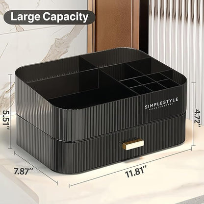 Decorcode Makeup Organizer for Vanity, Large Desk Organizer with Stackable Drawer for Cosmetics, Skincare, Lipsticks, Palette, Nail Care, Ideal Storage for Dresser and Bathroom Countertop- Black