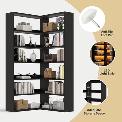 4 EVER WINNER Corner Book Shelf with LED Lights, 71” High Coner Bookshelf with Storage for Living Room, Study Room, Modern Storage Display Industrial L Shaped Bookshelf, Black
