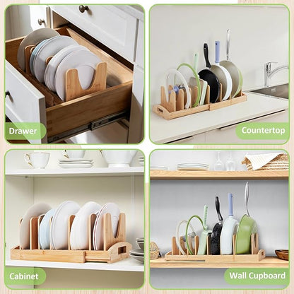 Kirosy Pots and Pans Organizer under Cabinet, Pot Lid Organizer Bamboo Expandable with 10 Adjustable Dividers, Pan Holder Kitchen Storage Rack for Cutting Board, Baking Tray and Cookie Sheet