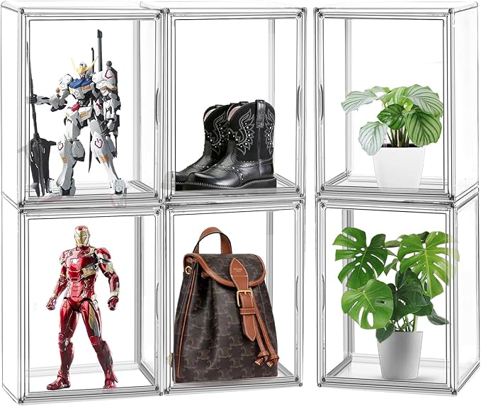 DAYOOH X-Large Acrylic Display Case Size 14 Sneaker Shoe Box with Magnetic Lid, Transparent Stackable Figure Display Case Clear Large Collectibles Showcase, Protection Organizer, 1 Pack