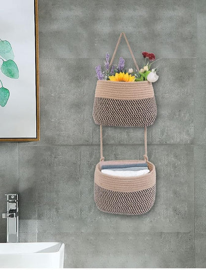 Over The Door Hanging Basket, 2 Tier Cotton Rope Woven Wall Basket, Magazine Racks Hanging Organizer, Decorative Hanging Storage Baskets for Organizing Living Room, Bathroom and Bedroom (Jute-black)