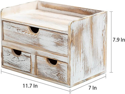 Rustic Distressed white 3-Tier Wood Desk Organizer with 3 Drawers Mini Storage Shelf For Desk, Toiletries Vanity Office Supplies (Vintage white)