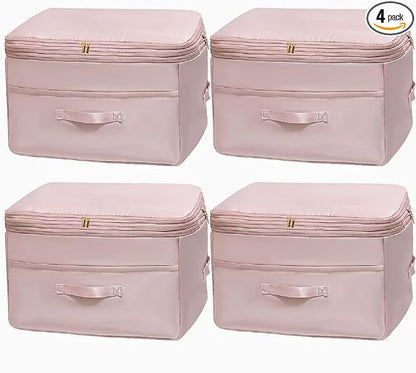 Ultra Space Saving Self Compression Organizers, 4 Pack Double Zipper Compression Packing Cubes for Bedding, Comforter Storage Bag for Blankets Duvet Quilts Pillows Queen King (Pink, X-Large)
