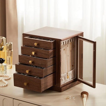 Homruilink Black Walnut Wooden Jewelry Box - 360° Rotating Jewelry Organizer for Women with 5 Drawers for Rings,Necklaces,Earrings and Bracelets -Large Storage Case - Valentines Day Gifts for Her