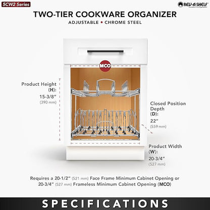 Rev-A-Shelf 2-Tier Kitchen Cabinet Pullout 20.75" Cabinet Organizer for Pots, Pans, and Lid Cookware, Adjustable Heavy Duty Wire, Chrome, 5CW2-2122-CR