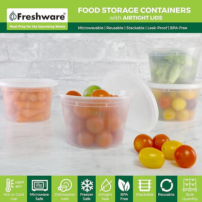 Freshware Food Storage Containers [36 Set] 16 oz Plastic Deli Containers with Lids, Slime, Soup, Meal Prep Container BPA Free Stackable Leakproof Microwave/Dishwasher/Freezer Safe (Pack of 10)