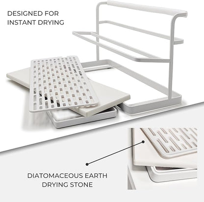Selegna Diatomaceous Earth Bottle Drying Rack, Baby Bottle Drying Rack, Over Sink Instant Dry Small Dish Drying Rack & Bottle Dryer, Space Saving Narrow Two Tier Tower Water Bottle Drying Rack (White)