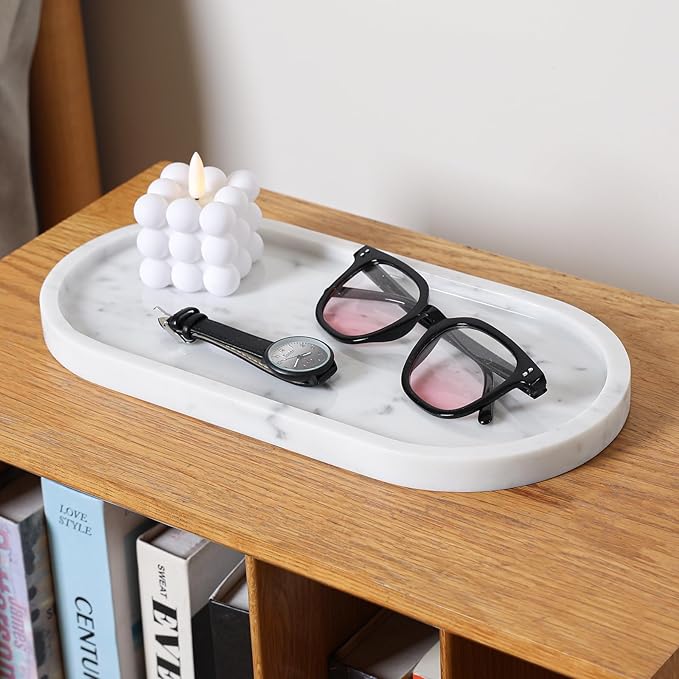 Faticdorr Carrara White Marble Tray, 2 Pcs, Marble Vcnity Tray, Bathroom, Decor for Trinket Perfume Jewelry Candle, 12 Inch Oval