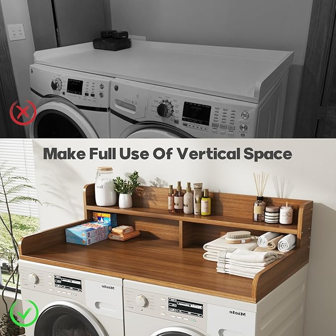 2-Tier Washer and Dryer Countertop with 2.75" H Guard,54" W x 27.5" D Laundry Countertop Cover with Non-Slip Pad,Large Space Laundry Topper for Folding Clothes Over Washer and Dryer-Brown