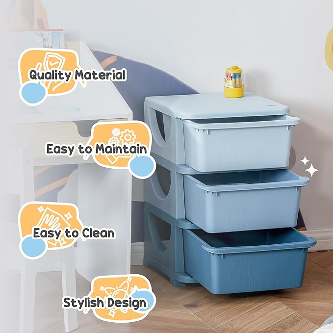 Qaba 3 Tier Kids Storage Unit, Toy Organizers and Storage with 3 Drawer Chest for Kids Bedroom Nursery Kindergarten Living Room for Boys Girls Toddlers, Blue