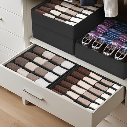 Joyoldelf Sock Drawer Organizer Divider 4 Packs Underwear Organizer, 2 x 24 Cell + 2 x 16 Cell Closet Organizers and Storage Sock Holders for Storing Socks, Handkerchiefs, Ties, Belts (Black)