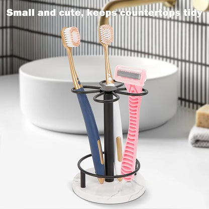 HarJue Toothbrush Holder Stand for Bathroom, Metal Toothbrush Organizer with Marble Base, Toothbrush Storage Collection for Family, Suitable for Home Hotel Countertop Vanity (Small, Matte Black)