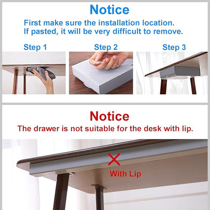 4 Pack Under Desk Drawer Self-Adhesive Desktop Storage Organizer, Hidden Attachable Slide Out Desk Drawer, Under Table Tray for Pencil Pen Stationery Office Organization, Gray