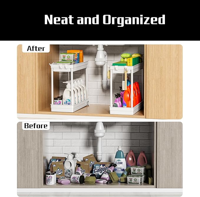 2 Pack Under Sink Organizer, 2 Tier Bathroom Cabinet Organizers and Storage with Hook, Multi-purpose Storage Basket Shelf for Kitchen (Frost White, 2 Pack)