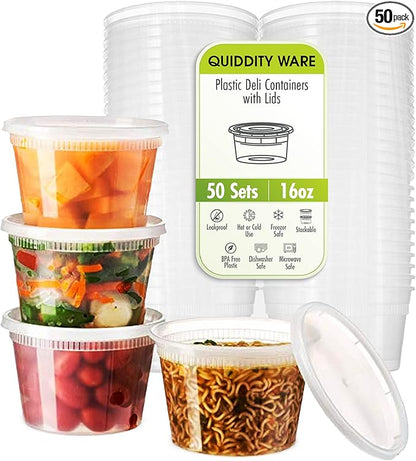 QUIDDITY WARE 16oz-Deli Containers with Lids Leakproof - 50 Pack BPA-Free Plastic Microwaveable Clear Food Storage Container Premium Heavy-Duty Quality, Freezer & Dishwasher Safe