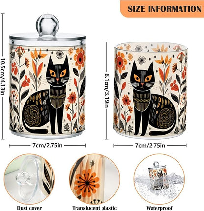 MNSRUU 4 Pack Qtip Holder Organizer Dispenser Black Cat Flowers Pink Bathroom Storage Canister Cotton Ball Holder Bathroom Containers for Cotton Swabs/Pads/Floss
