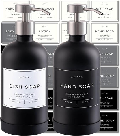 Hand and Dish Soap Dispenser for Kitchen and Bathroom, Set of 2 16 Oz Glass Bottles, Stainless Steel Pumps, Non-Slip Silicone Base, 27 Waterproof Labels (Matte Black Bottle/Brushed Silver Pump)