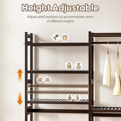 Over The Washer and Dryer Storage Shelf Bamboo,5 Tiers Laundry Room Drying Rack with Adjustable Shelves and 4 Hooks,Space Saver Organizer for Hanging Clothes and Towels (Brown)