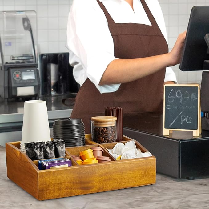Acacia Wood Coffee Station Organizer for Countertop, Coffee Bar Accessories and Organizer, Pod Holder Storage Basket for K Cup Sugar Tea Bag