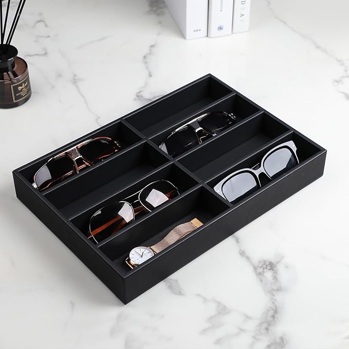 Cretkhp Sunglass Organizer Tray, PU Leather Sunglasses Organizer with 8 Grids for Drawer, Stackable Sunglass Holder Storage
