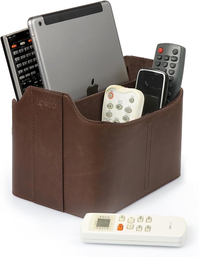 Londo PU Leather Remote Control Holder, Office Supplies Desk Organizer with Tablet Slot, Makeup Brush and Utensils Cube, Large Capacity Desk Caddy With 5 Compartments