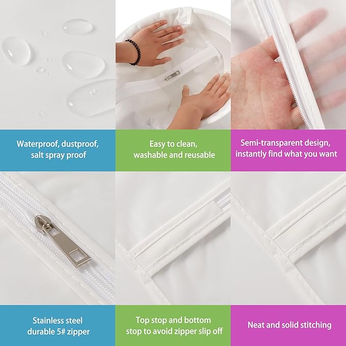 Hanging Garment Bags 12 Piece Set - 60 Inch Translucent Dust Proof Clothes Bag White Breathable Full Zipper Dust Cover for Suit Dance Costumes Gown Dress.