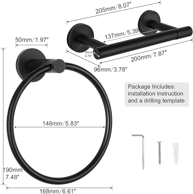 CozyTower Matte Black Quick Reload Toilet Paper Holder Wall Mount, SUS304 Stainless Steel Double Post Pivoting Tissue Roll Holder and Hand Towel Holder Set Bathroom Hardware Accessories Set Towel Ring