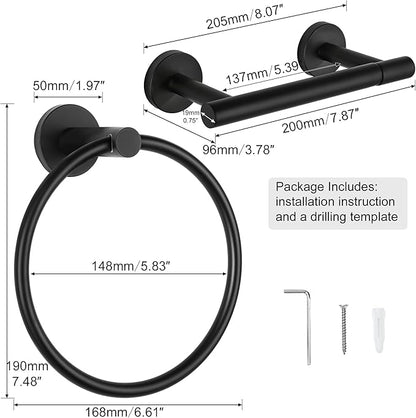 CozyTower Matte Black Quick Reload Toilet Paper Holder Wall Mount, SUS304 Stainless Steel Double Post Pivoting Tissue Roll Holder and Hand Towel Holder Set Bathroom Hardware Accessories Set Towel Ring