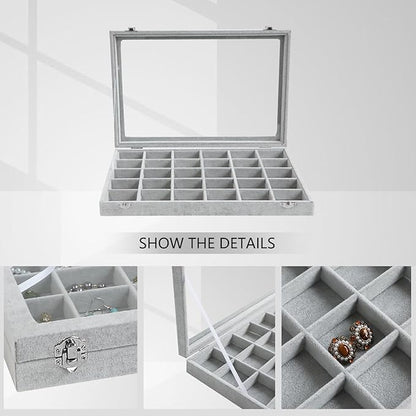 Wudygirl 30 Grid Jewelry Organizer Velvet Jewelry Box Jewelry Tray with Clear Lid Storage Case Showcase Display Stackable Removable (30 Grid)