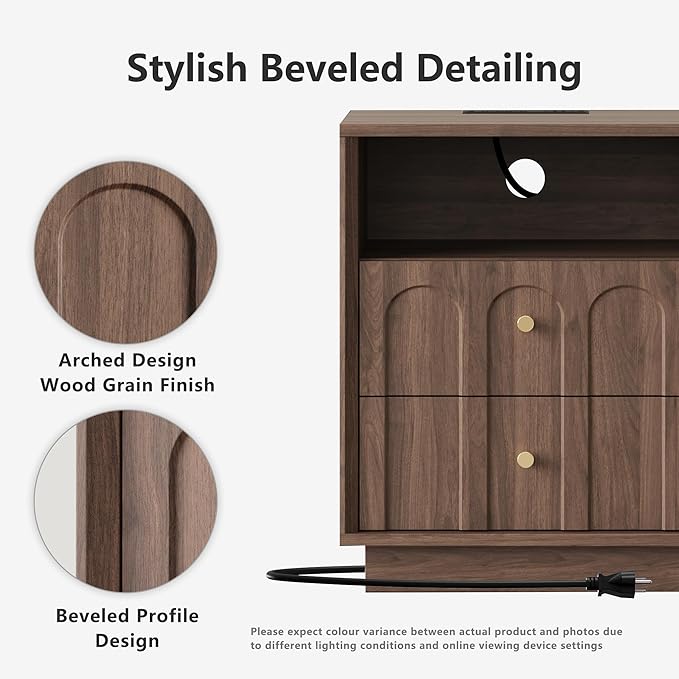 FORTUNETEC Nightstand with Charging Station, Mid Century Modern Nightstand with Arched Design, Minimalist End Table with Wood Grain Texture, Bedside Table for Bedroom Living Room Sofa Office, Walnut