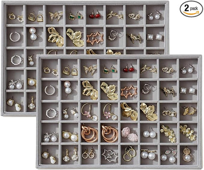 KATISYIO Large Velvet Jewelry Tray 2 Pack Stackable Jewelry Display Drawer Inserts Trays Organizer for Earring Bracelet Necklace Ring (Gray, 40 Grids)