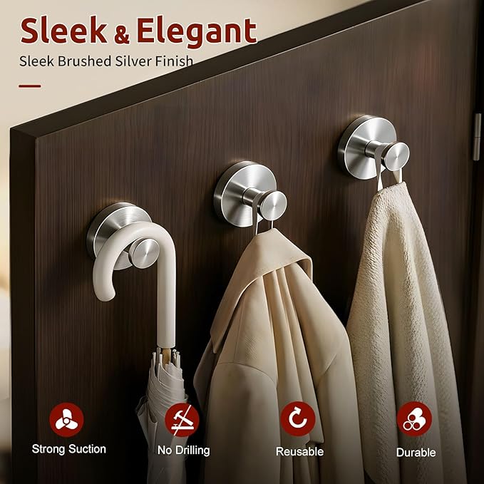 4 Packs Suction Cup Hooks for Shower, Heavy-Duty Wreath Hangers for Front Door, No Drill Glass Door Shower Suction Hooks No Damage for Walls Bathroom Kitchen Window Mirror Tile Towel Coat Robe Loofah
