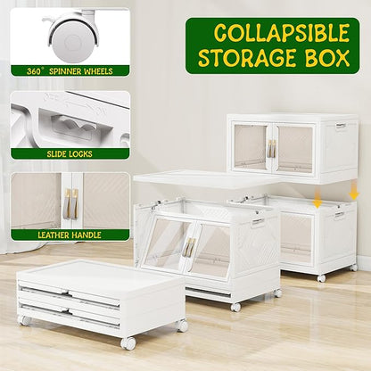 Vavkorkula Large Clear Stackable Storage Bins with Lids, 90QT-45QT*2Tier Foldable Cabinet for Closet Organizers, Plastic Storage Box with Wheels White