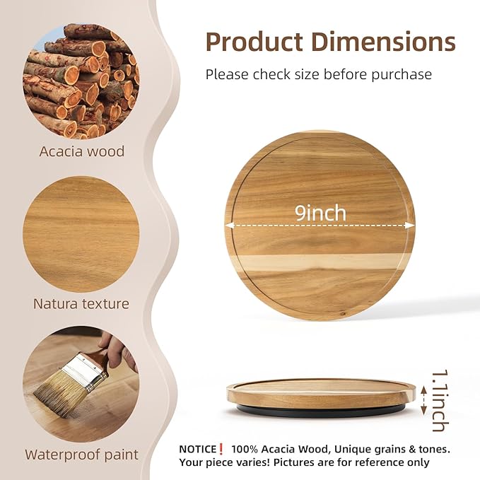 LAMU 9'' Acacia Wood Lazy Susan Organizer for Table Top, Lazy Susan Turntable for Cabinet, Kitchen, Countertop, Pantry Organization