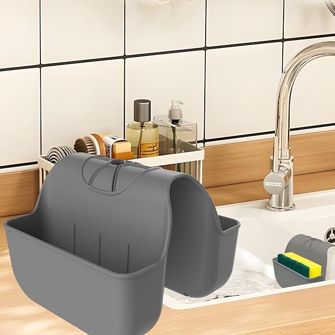 VPASION Sponge Holder for Kitchen Sink, Silicone Sink Saddle Caddy Organizer Rack, Sponges Holder Over Faucet, Hanging Kitchen Organizer Accessories Rack Basket Dark Gray