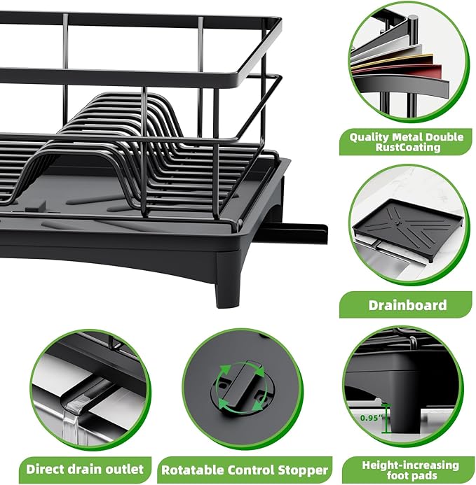 Dish Drying Rack for Kitchen Counter - Rust-Resistant Kitchen Drying Rack with Removeable Cutlery Holder, Dish Drainer Organizer with Utensil Holder for Home Kitchen for Spoons and Forks, Black