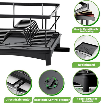Dish Drying Rack for Kitchen Counter - Rust-Resistant Kitchen Drying Rack with Removeable Cutlery Holder, Dish Drainer Organizer with Utensil Holder for Home Kitchen for Spoons and Forks, Black