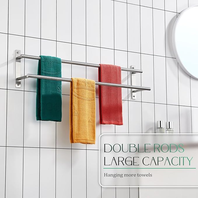 KOKOSIRI 32 Inch Bath Towel Bars Double Towel Racks Bathroom Towel Holder Towel Storage Towel Shelves Wall Mount Stainless Steel Satin Nickel B5010BR-L32