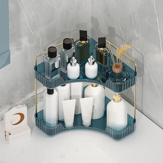 Weidace Corner Bathroom Counter Organizer Bathroom Countertop Shelf Makeup Organizer for Vanity Perfume Tray for Corner Storage (2 Tiers, Blue)