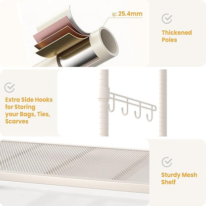 Clothes Rack with Wheels Heavy-Duty, 3-Tier Rolling Garment Rack with Adjustable Shelves & Side Hooks, Freestanding Wardrobe Metal Clothing Rack for Bedroom Cloakroom, 70.2"H x 45.4"W x 17.8"D