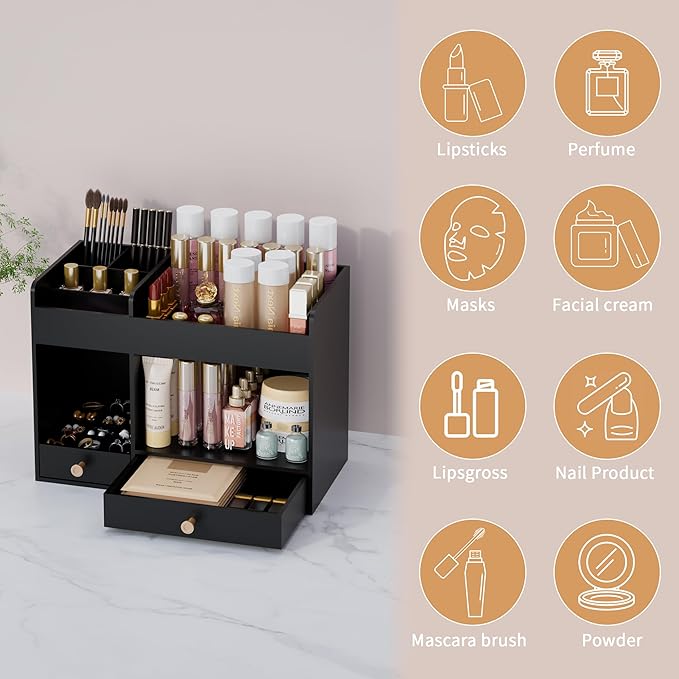 LONTAI Bamboo Makeup Organizer with Drawers, Cosmetic Storage for Lipstick Organizer Beauty Holder Skincare Organizer for Dresser Vanity Bathroom Countertop, No Assembly Required (Black)