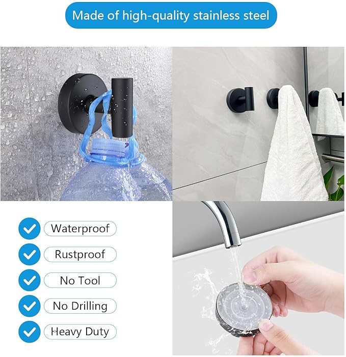 Charm Spark Suction Cup Hooks Bathroom Shower, Stainless Steel Removable and Reusable for Hanging Towels, Coats, Bathrobes, No Drilling Needed, Doesn't Hurt Walls Black 2 (Pack)