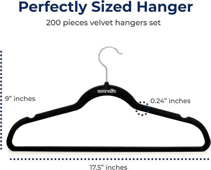 SereneLife 200 Pack Velvet Hangers - Non-Slip Felt Hangers with 360° Swivel Hook, Space-Saving, Ultra-Thin, Lightweight for Shirts, Sweaters, Hoodies, Kids Clothes & Dresses
